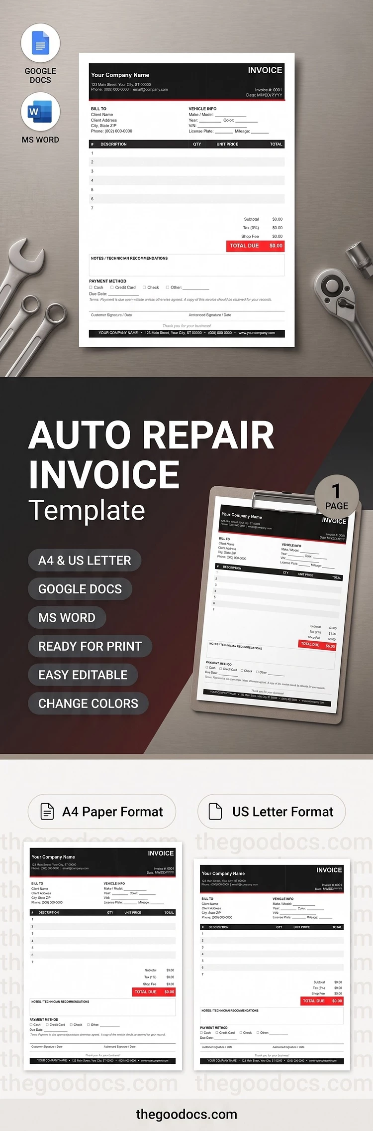 Vorschau von Auto Reparatur Rechnungsvorlage für Google Docs and Microsoft Word
