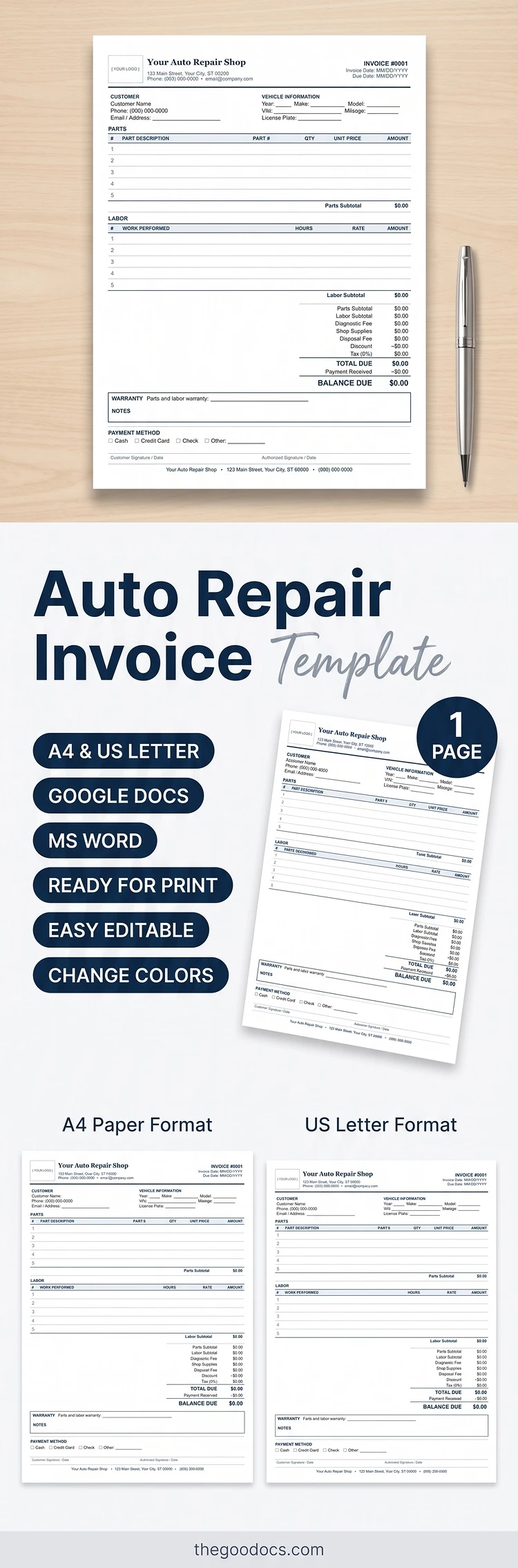 Vista previa de Factura de reparación de automóviles con desglose de piezas y mano de obra para Google Docs and Microsoft Word