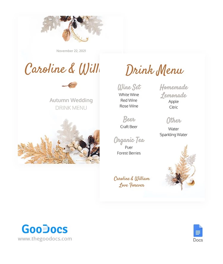 Menu de Restaurante para Casamento de Outono - free Google Docs Template - 10062454