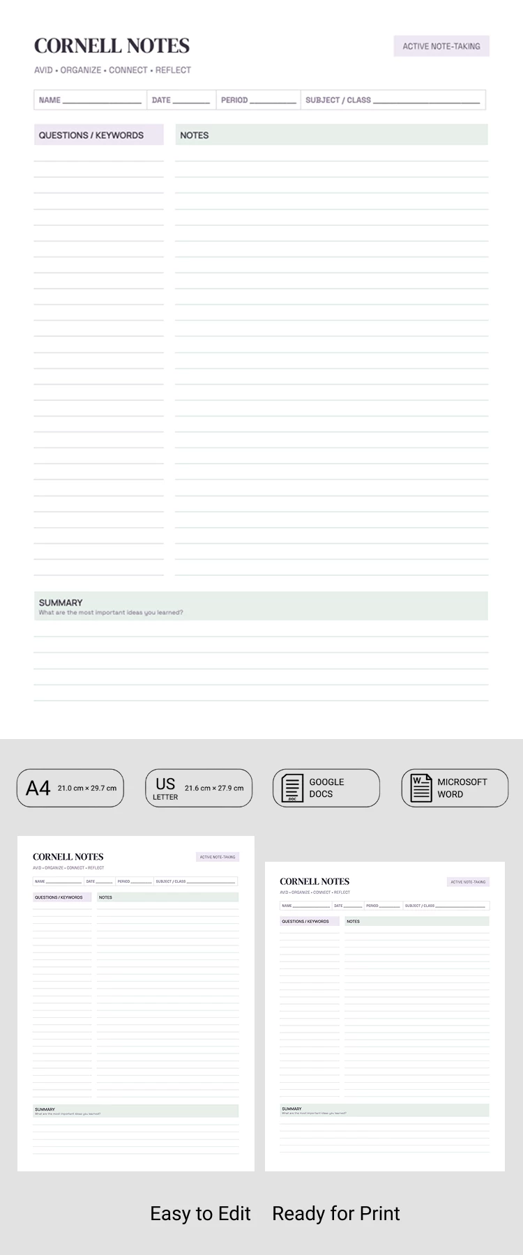 Preview of AVID Cornell Notes Template for Google Docs and Microsoft Word