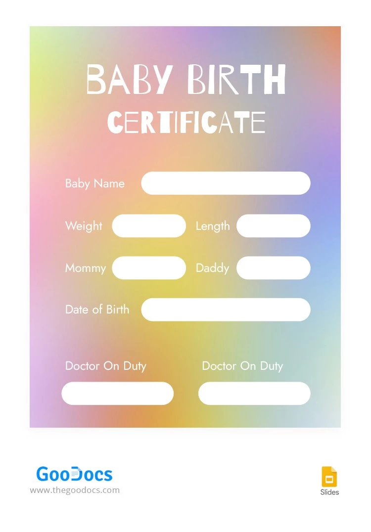 Certificado de nacimiento de bebé en colores pastel - free Google Docs Template - 10066115