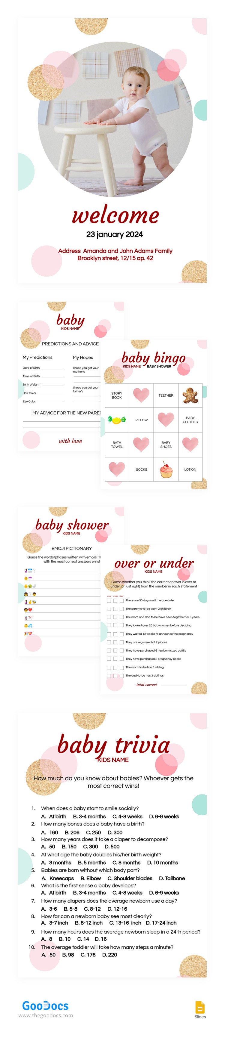 Gratuito Invito e pacchetto di giochi per il Baby Shower. Modello in Google  Slides