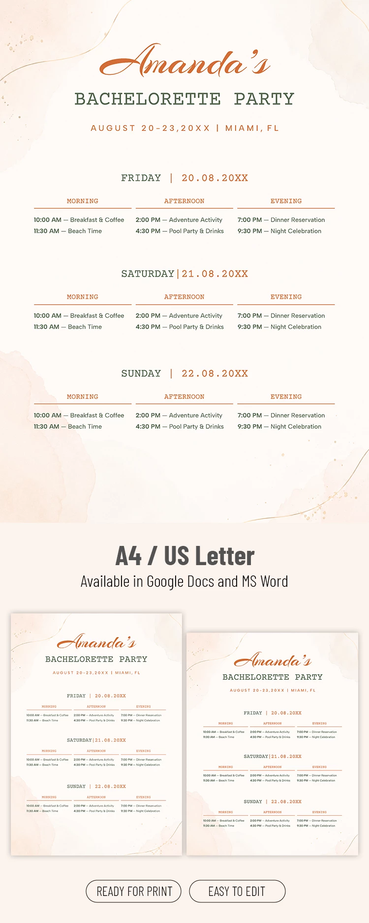 Preview of Bachelor Party Itinerary Template for Google Docs and Microsoft Word