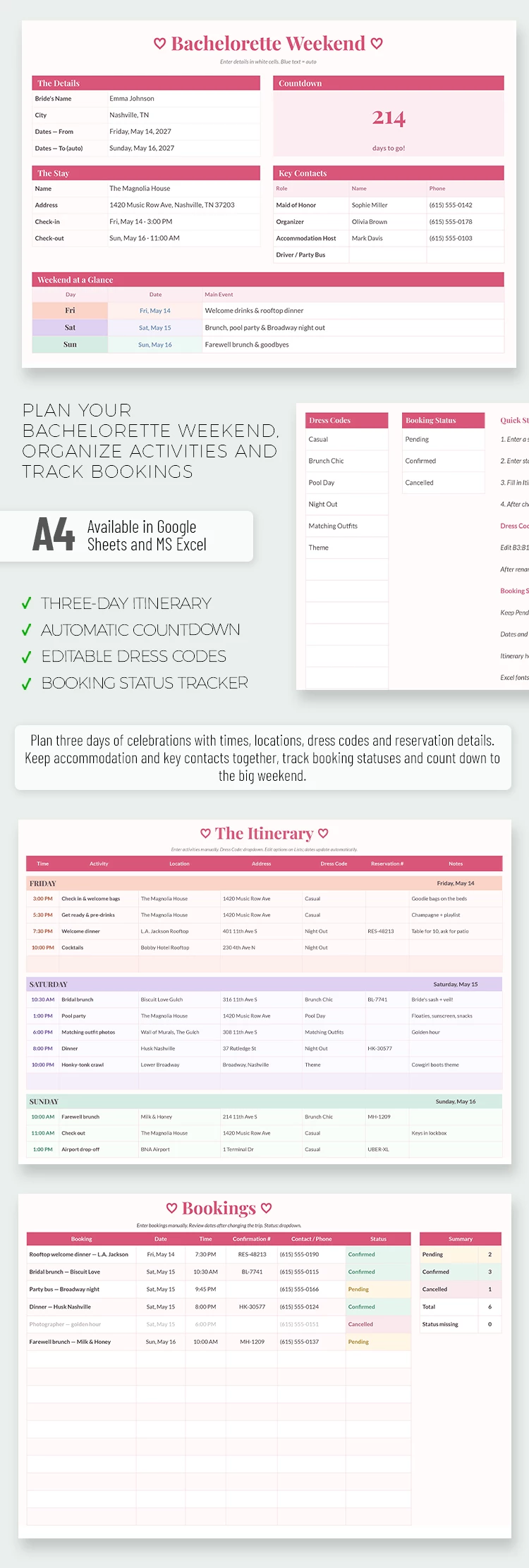 Preview of Bachelorette Itinerary Spreadsheet for Google Sheets and Microsoft Excel