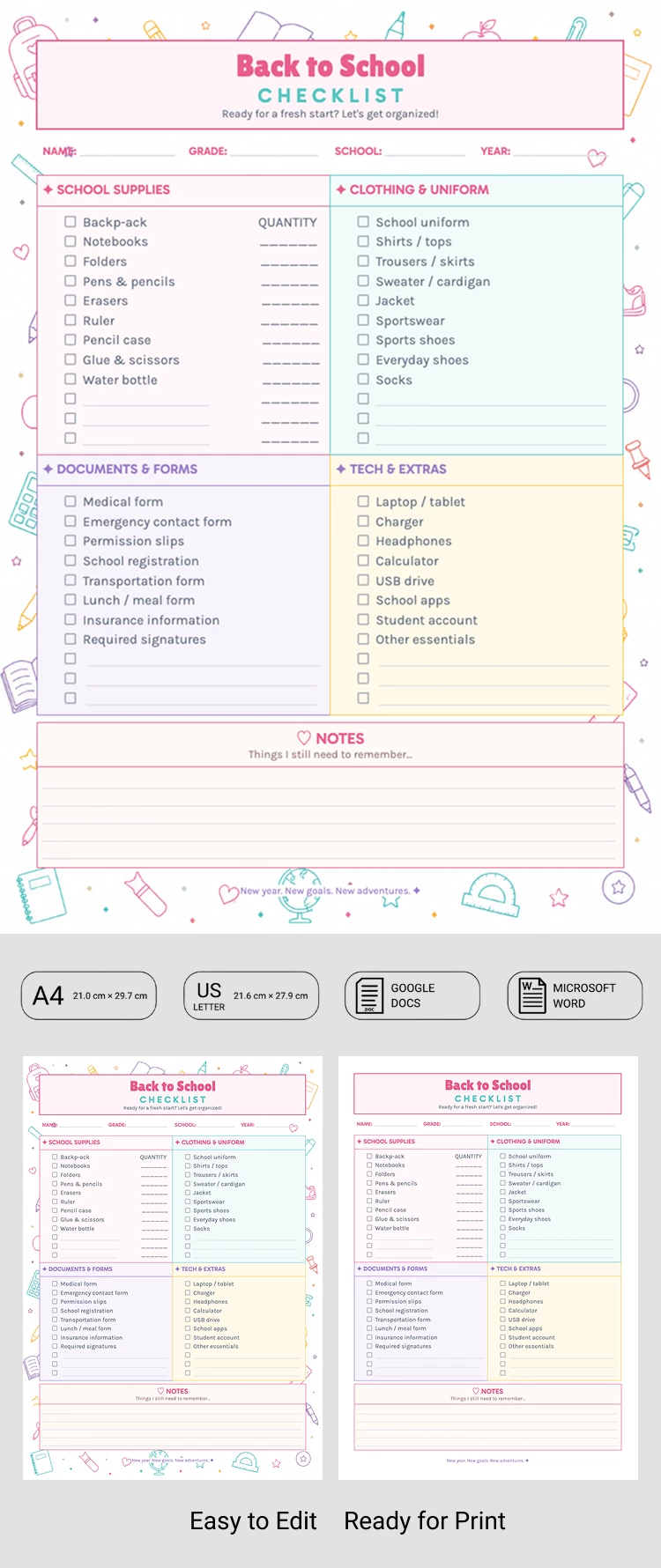 Preview of Back to School Checklist Template for Google Docs and Microsoft Word