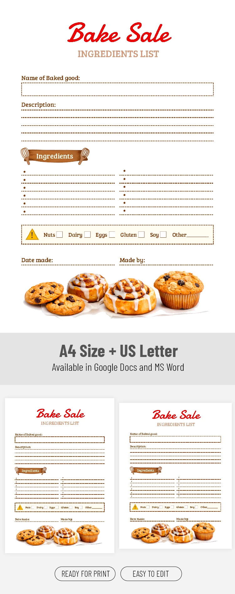 Preview of Bake Sale Ingredients List Template for Google Docs and Microsoft Word