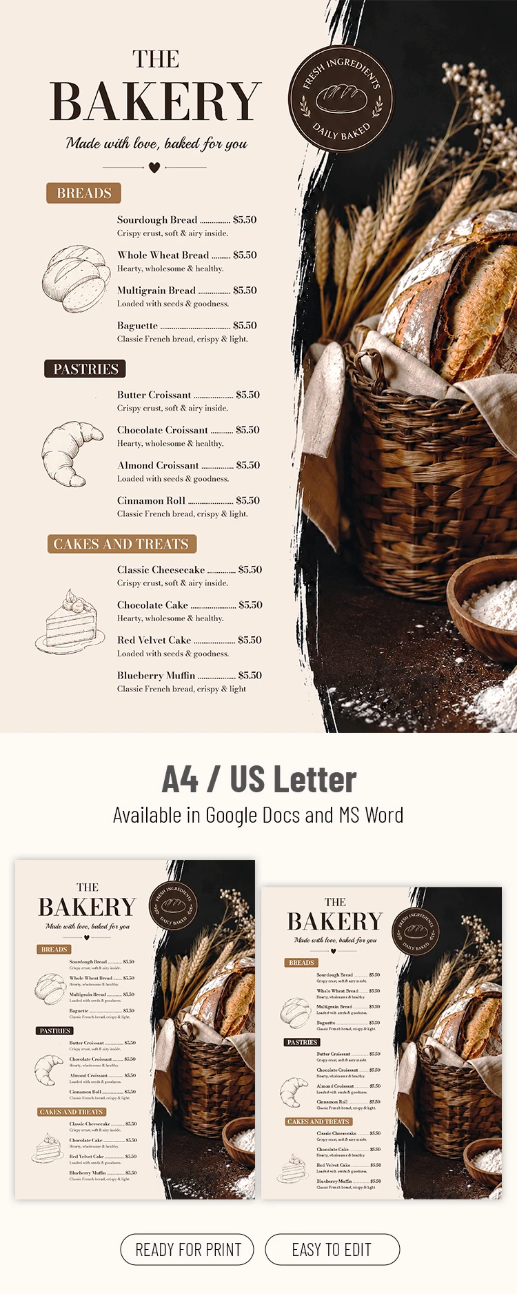 Preview of Bakery Menu Template for Google Docs and Microsoft Word
