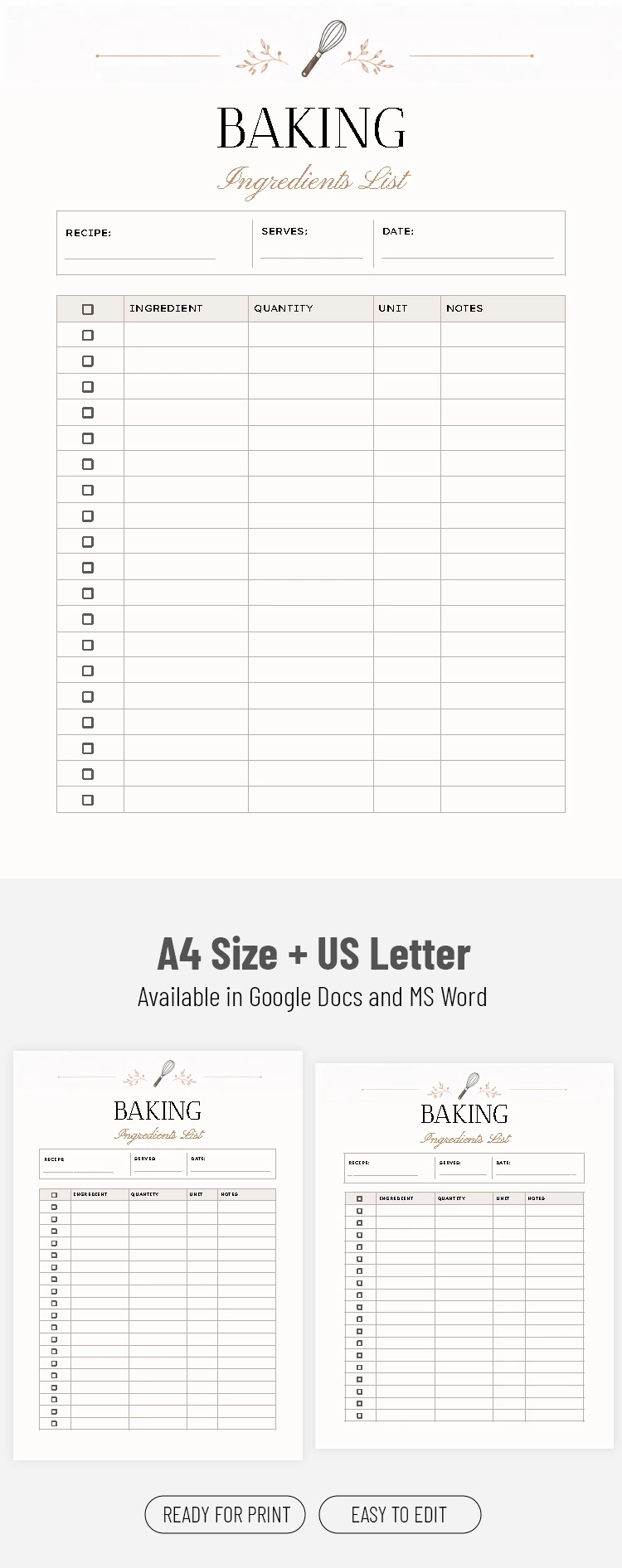 Preview of Baking Ingredients List Template. for Google Docs and Microsoft Word