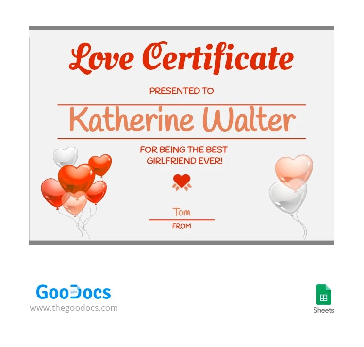 Balloons Style Love Certificate - free Google Docs Template - 10063358
