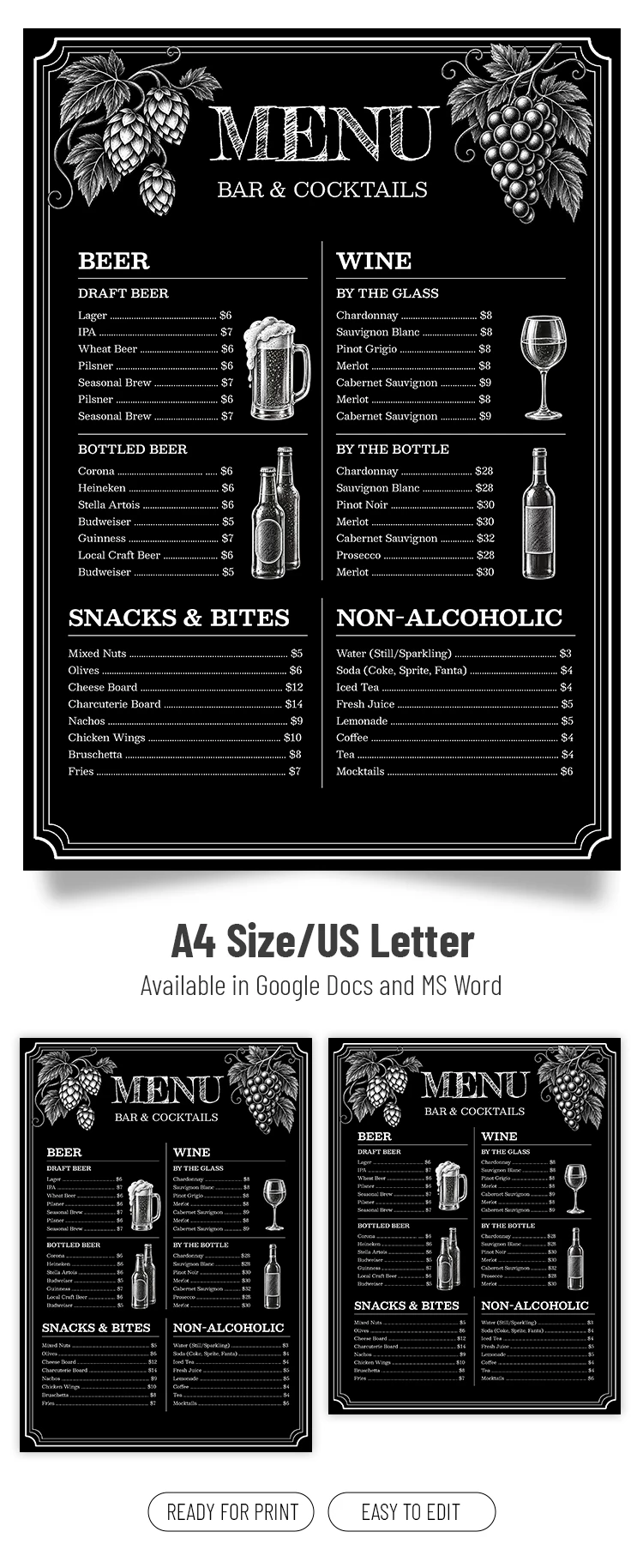Preview of Bar Menu Template for Google Docs and Microsoft Word