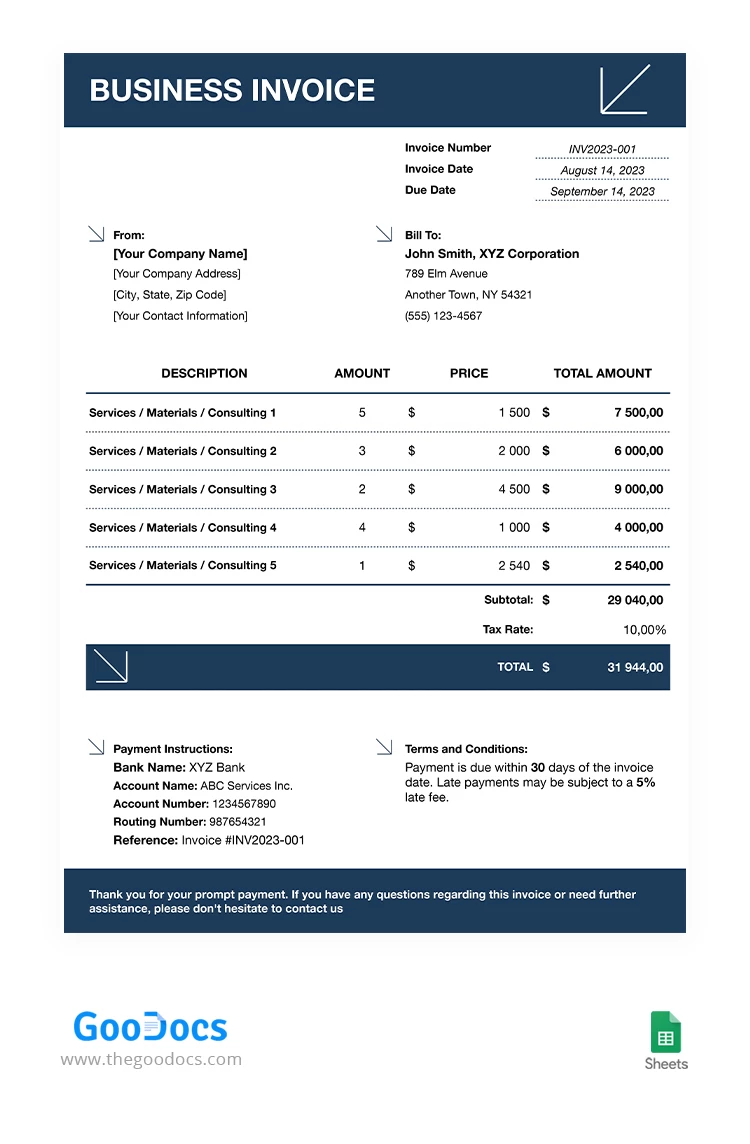 Factura básica de negocios - free Google Docs Template - 10066745