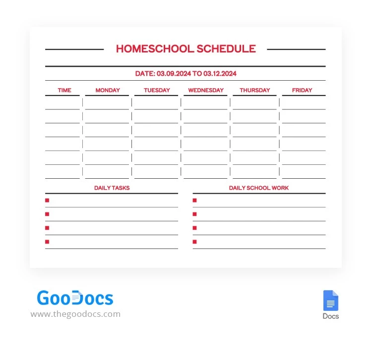 Basic Homeschool Schedule - free Google Docs Template - 10065019