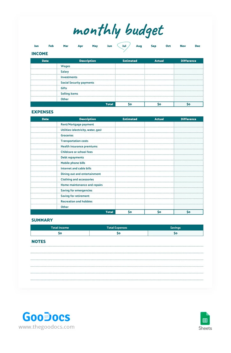 Basic Monthly Budget - free Google Docs Template - 10066385