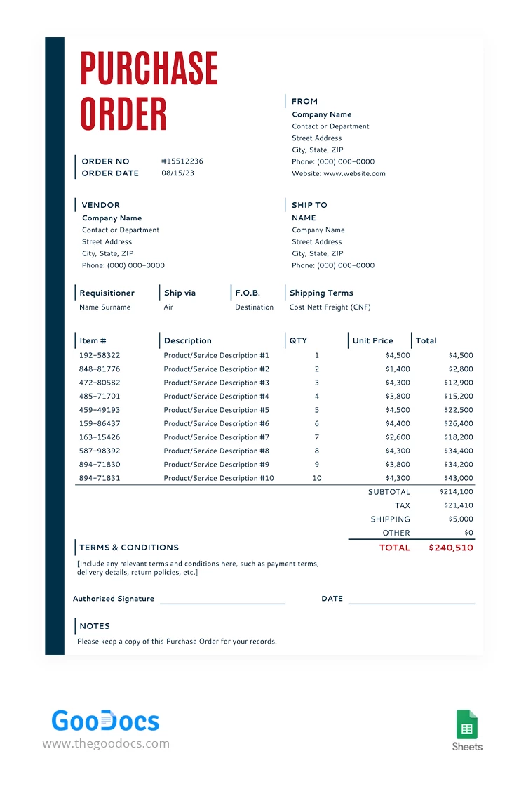 Ordine d'acquisto di base - free Google Docs Template - 10067132