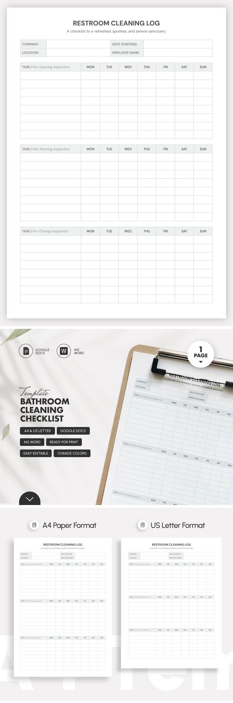 Preview of Bathroom Cleaning Checklist Template for Google Docs and Microsoft Word