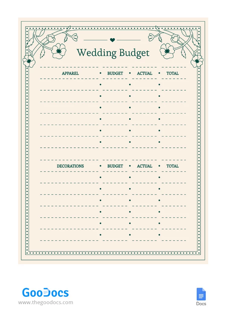 Orçamento para Casamento Bonito - free Google Docs Template - 10065678