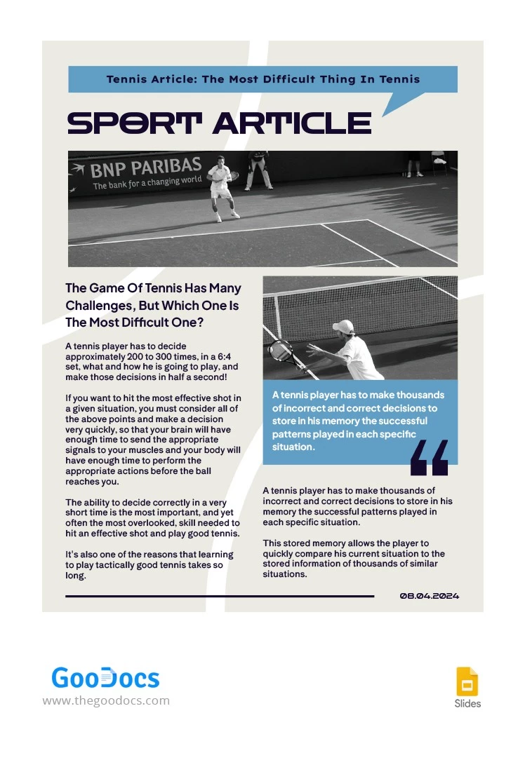 Articolo sul tennis grigio - free Google Docs Template - 10065082