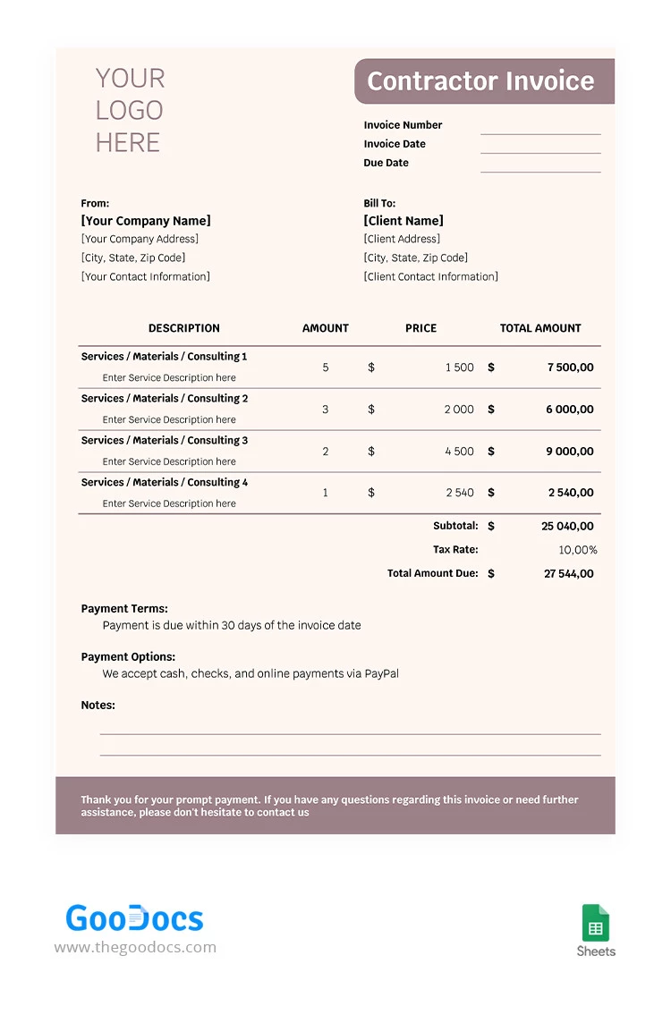 Beige Contractor Invoice - free Google Docs Template - 10066445