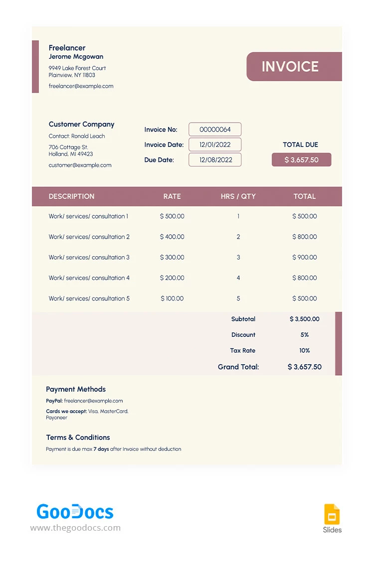 Factura de freelance color beige. - free Google Docs Template - 10065527