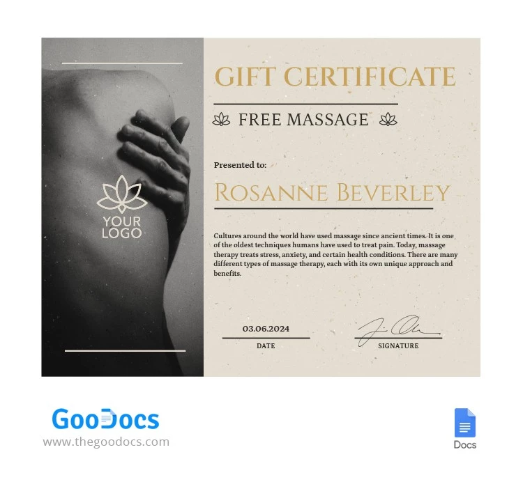 Certificado de regalo para un masaje en color beige. - free Google Docs Template - 10065205