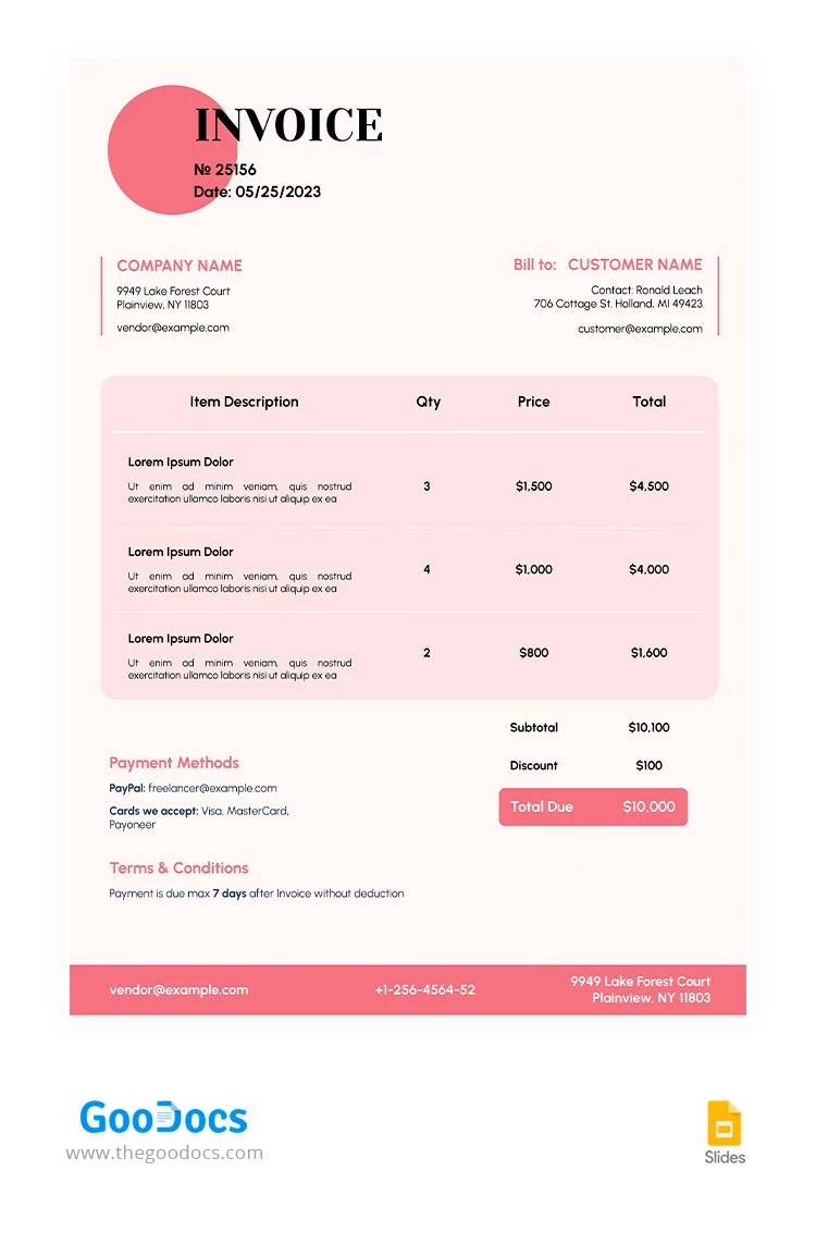 Pink Modern Invoice - free Google Docs Template - 10065694