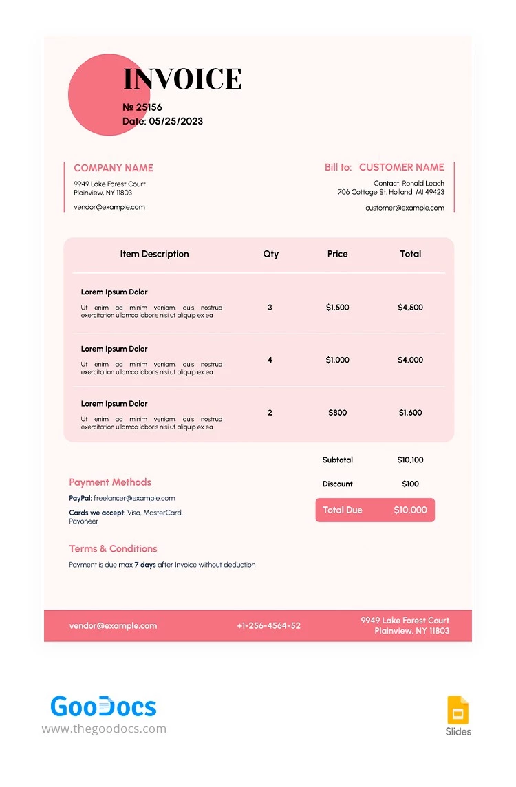 Rosa moderne Rechnung - free Google Docs Template - 10065694