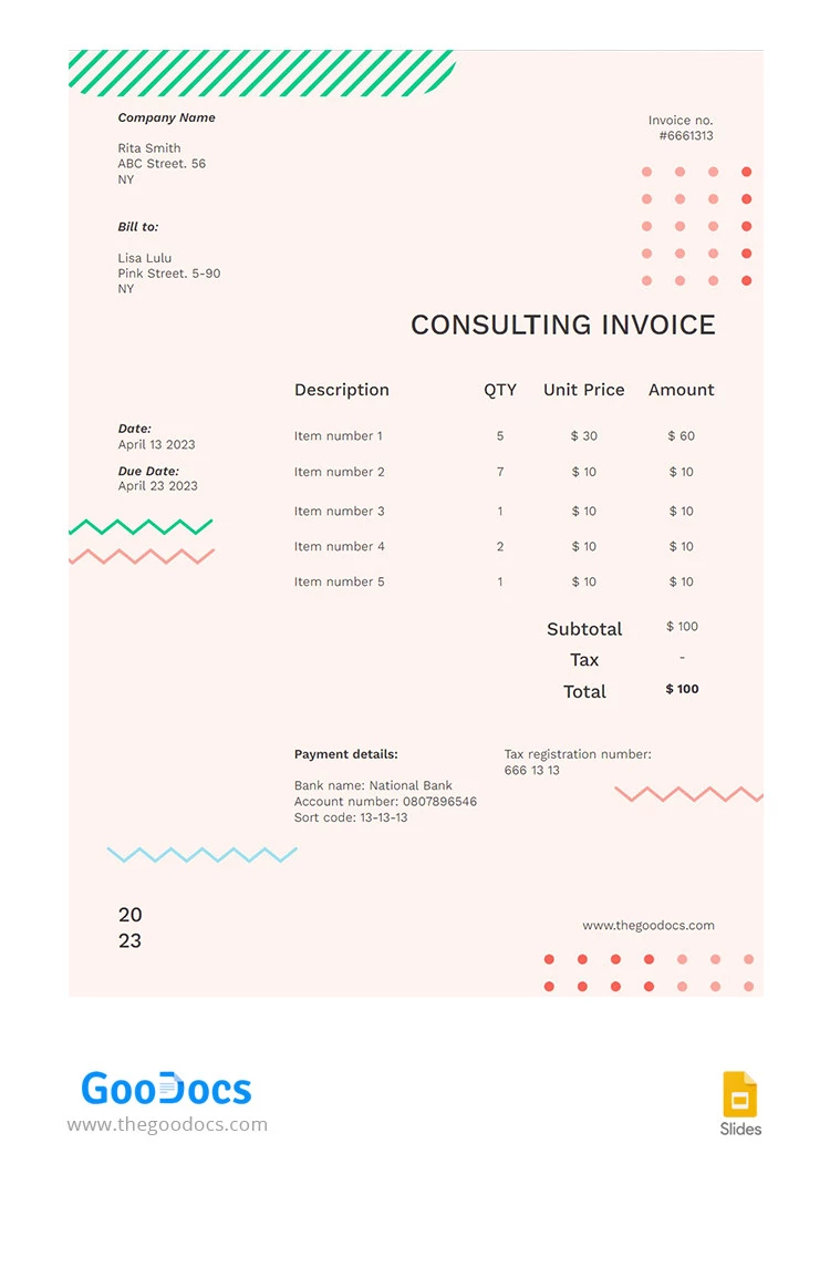 Facture de consultation simple beige - free Google Docs Template - 10065603