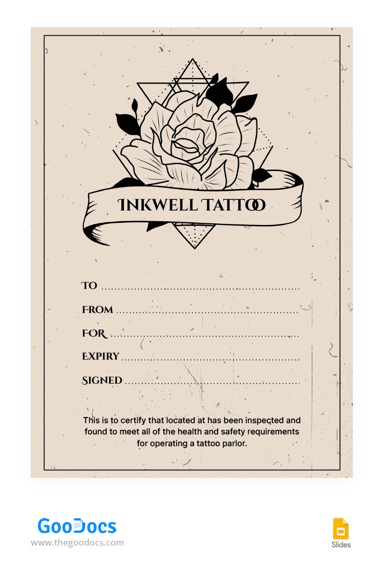 Free Beige Tattoo Gift Certificate Template in Google Slides and Microsoft PowerPoint | thegoodocs.com