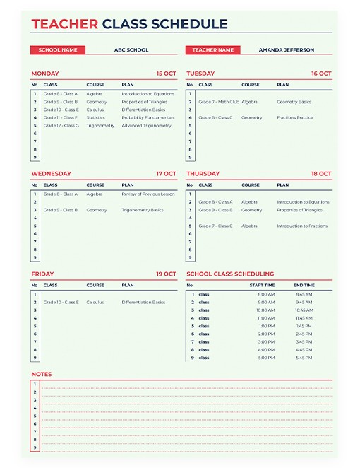 Class Schedule, Time and Teachers