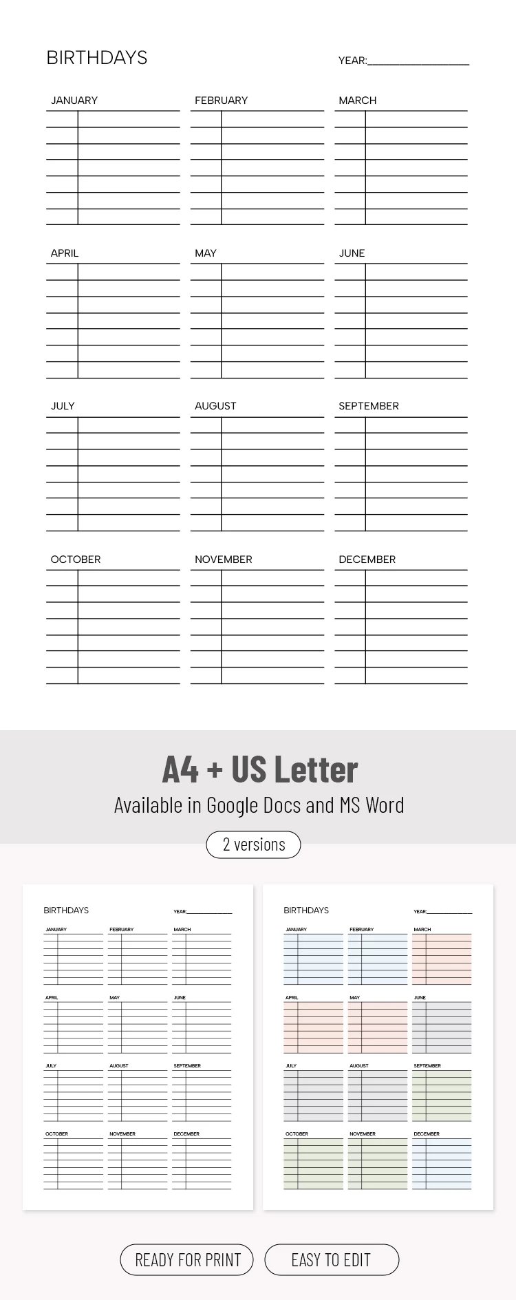 Free Birthday Calendar Template Printable Annual Reminder Organizer
