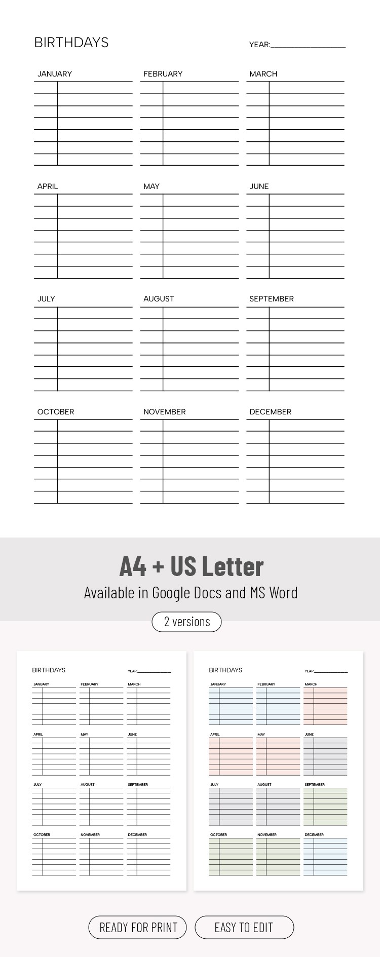 Free Printable Annual Birthday Calendar Template in Google Docs and ...