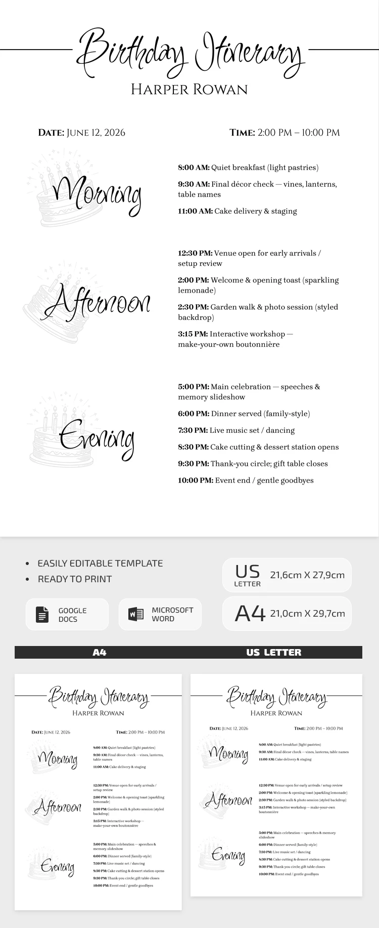 Modèle d'itinéraire d'anniversaire pour fête et activités - free Google Docs Template - 10072161