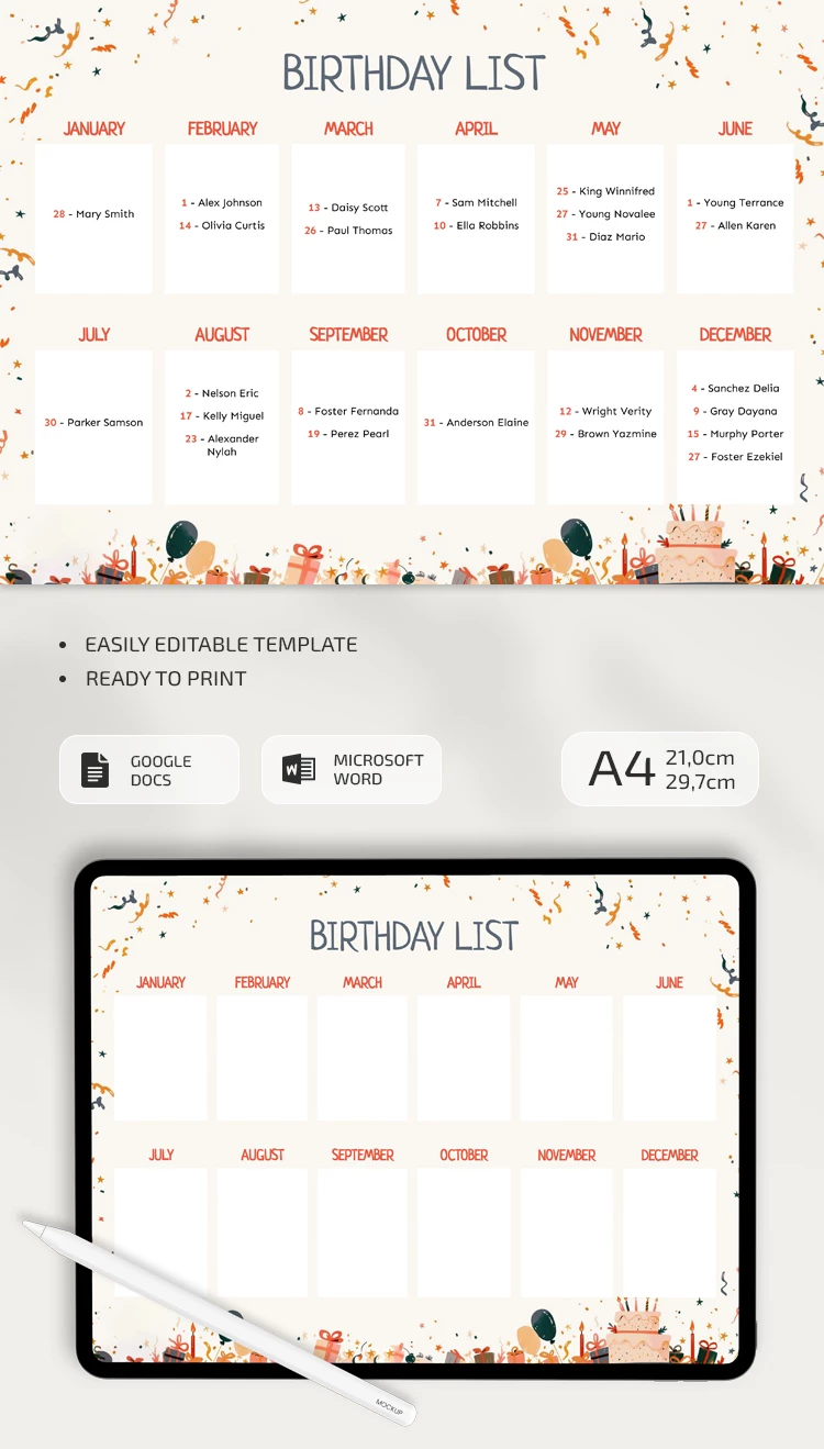 Illustrated Birthday List - free Google Docs Template - 10069563