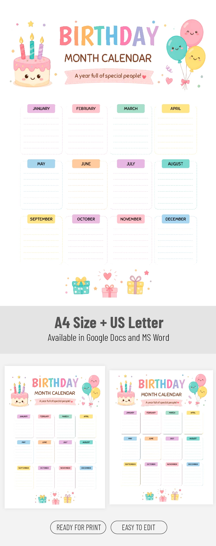 Pré-visualização de Modelo de Calendário do Mês de Aniversário para Google Docs and Microsoft Word