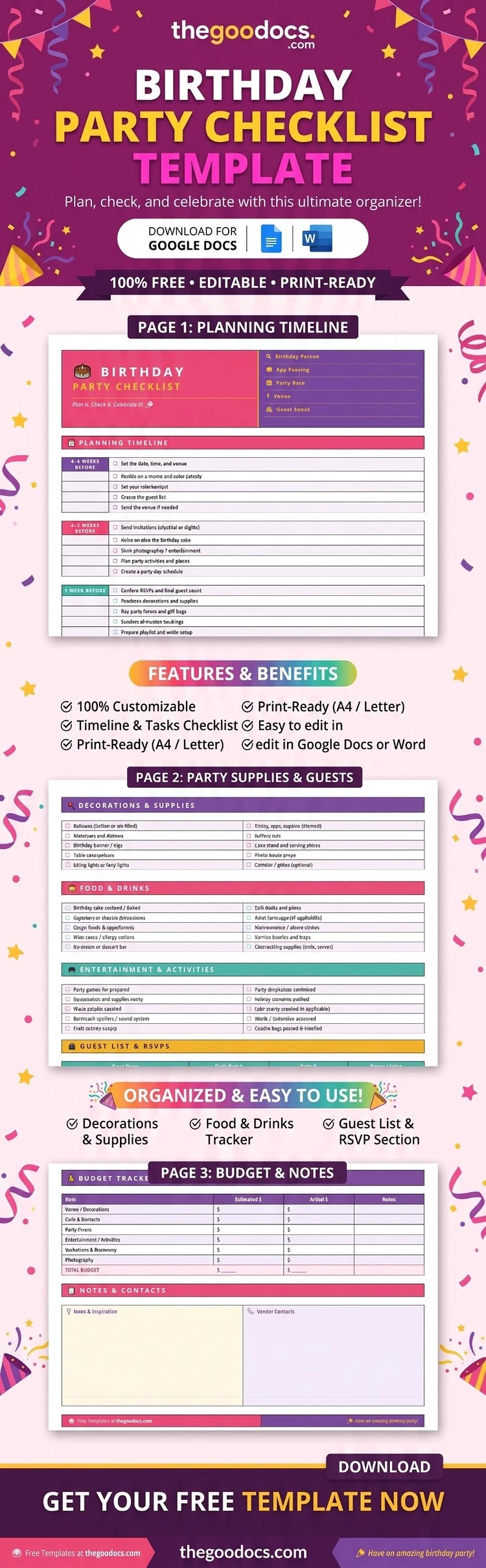 Preview of Birthday Party Checklist for Google Docs and Microsoft Word