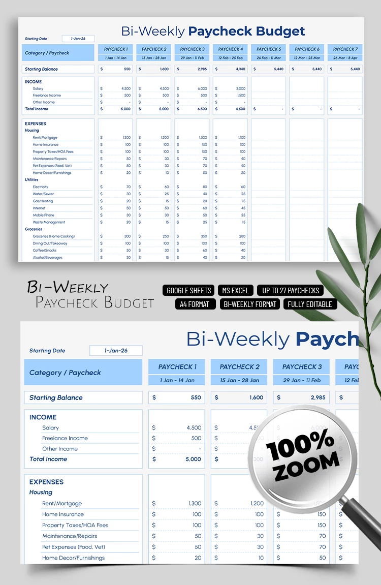 Zweiwöchentliches Gehaltsabrechnungsbudget-Vorlage - free Google Docs Template - 10072649