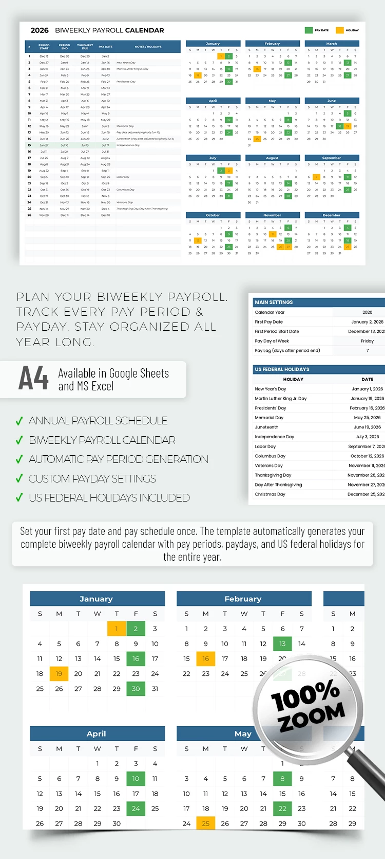 Anteprima di Modello di calendario delle paghe quindicinale 2026 per Google Sheets and Microsoft Excel