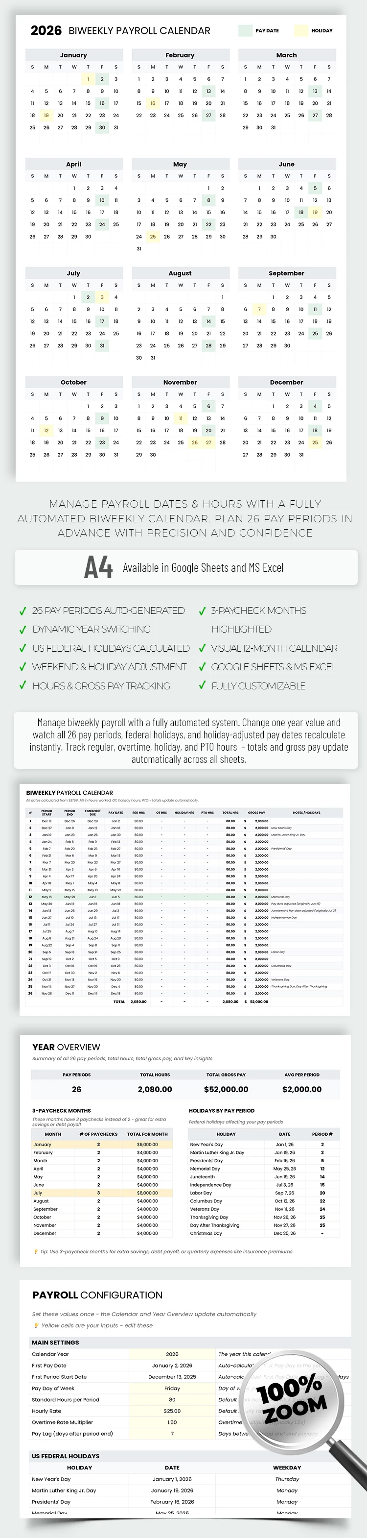 Preview of Biweekly Payroll Calendar Template for Google Sheets and Microsoft Excel