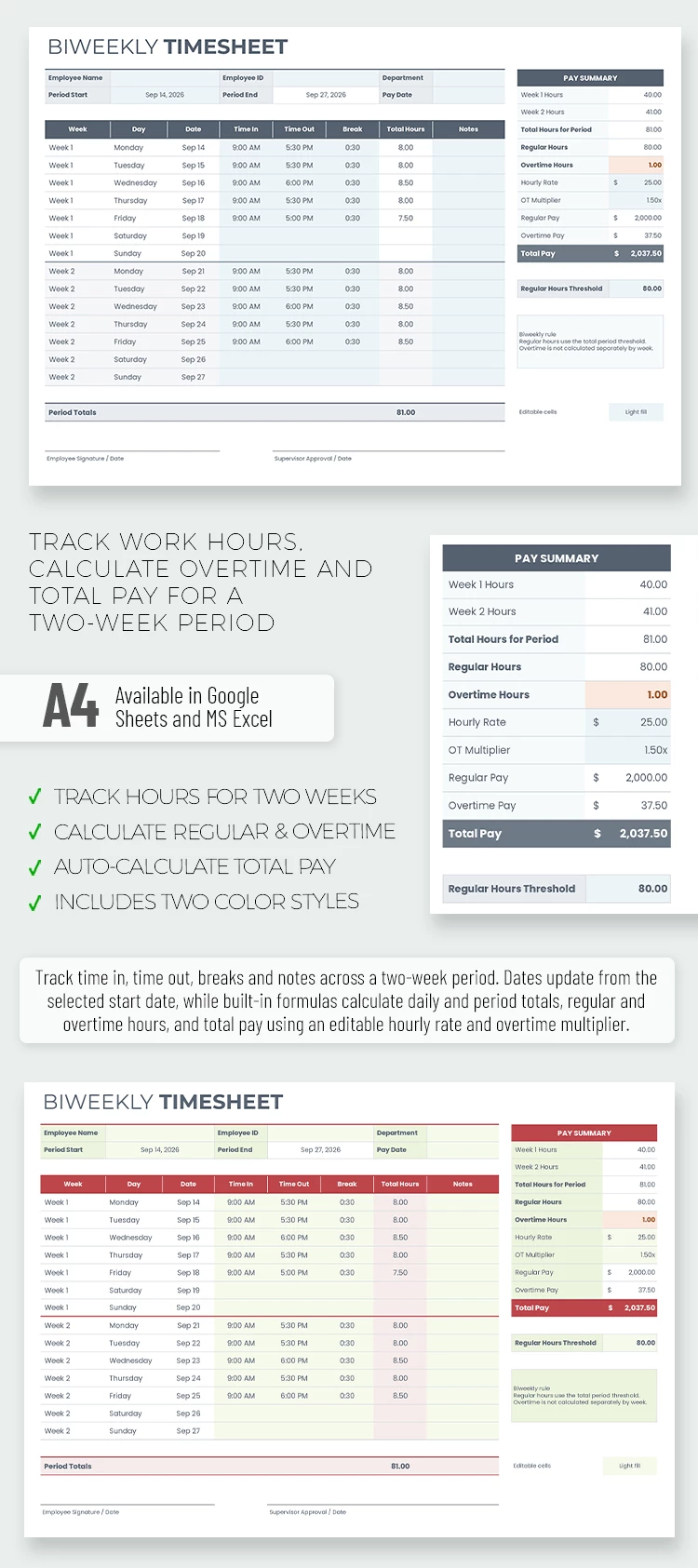 Preview of Biweekly Timesheet Template for Google Sheets and Microsoft Excel