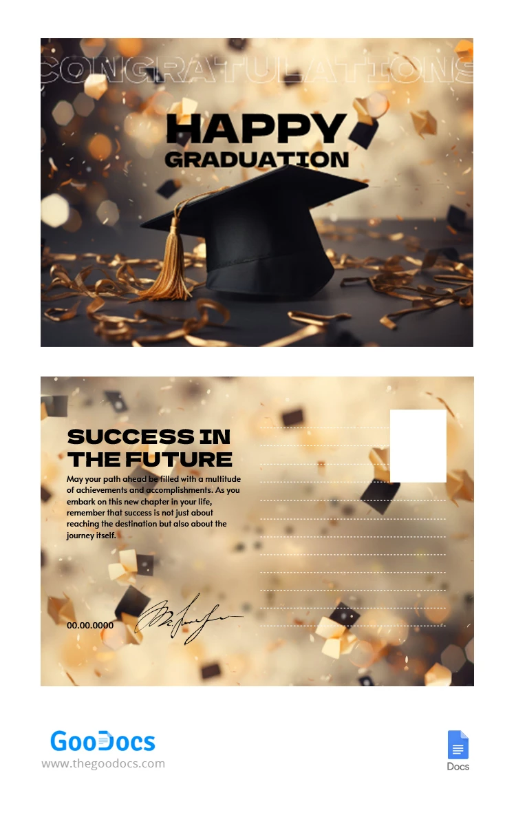 Tarjetas postales de graduación en negro y dorado. - free Google Docs Template - 10067407