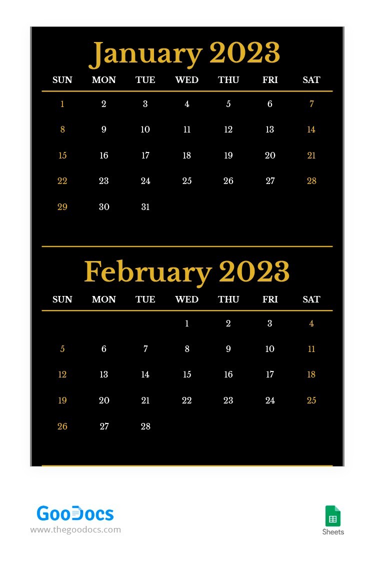 Free Black and Gold Monthly Calendar Template In Google Sheets