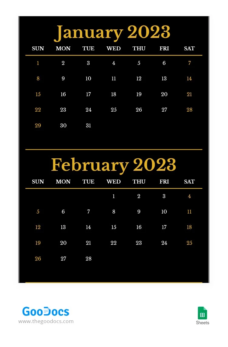 Calendario mensual en negro y dorado - free Google Docs Template - 10063319