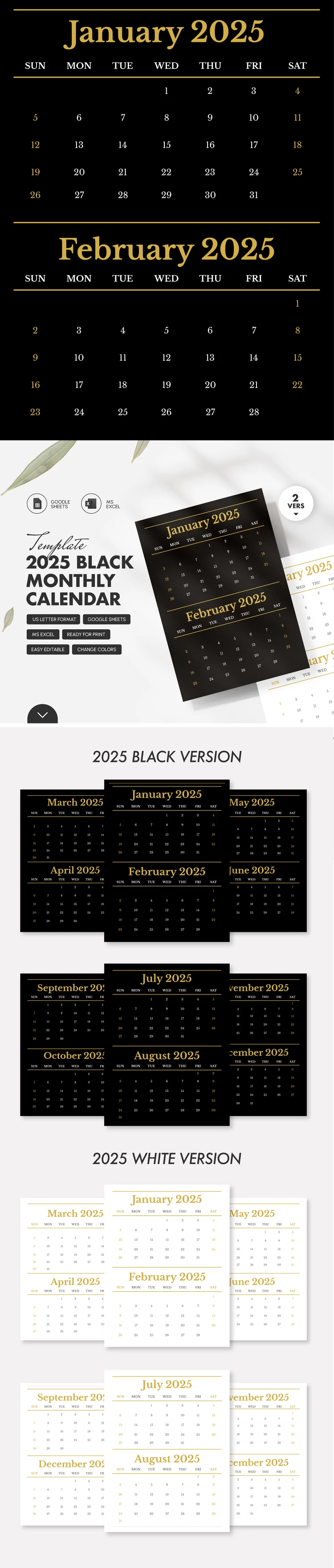 2025 Black Monthly Calendar - free Google Docs Template - 10063319