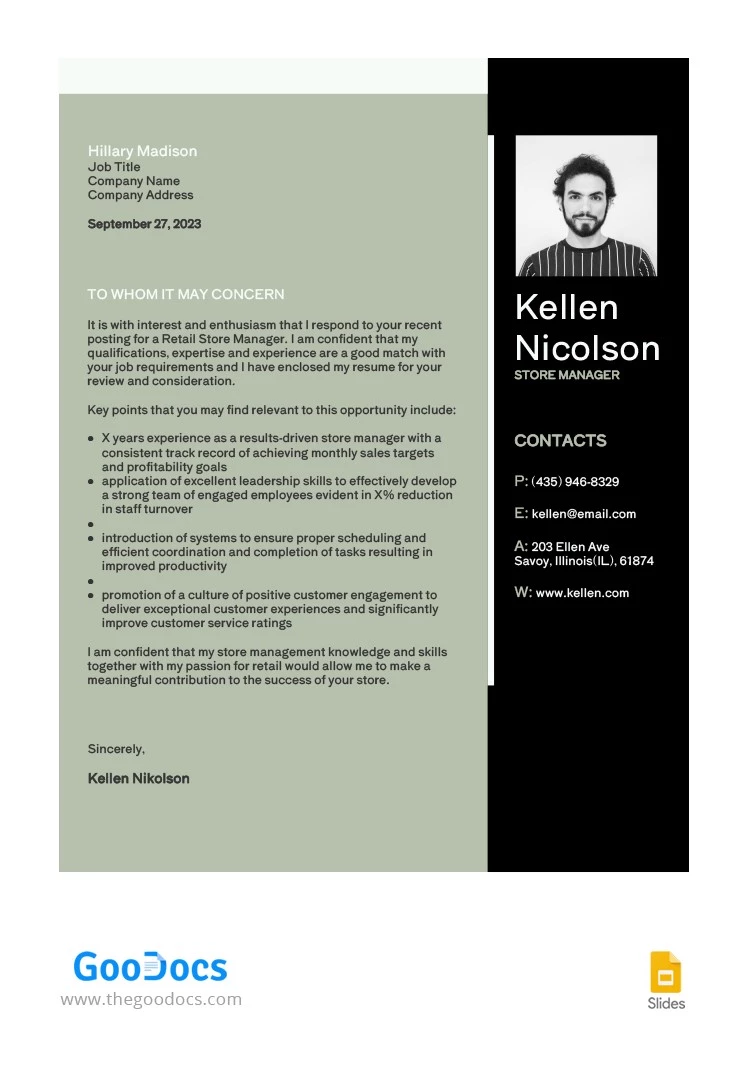 Lettre de motivation en noir et vert - free Google Docs Template - 10064590