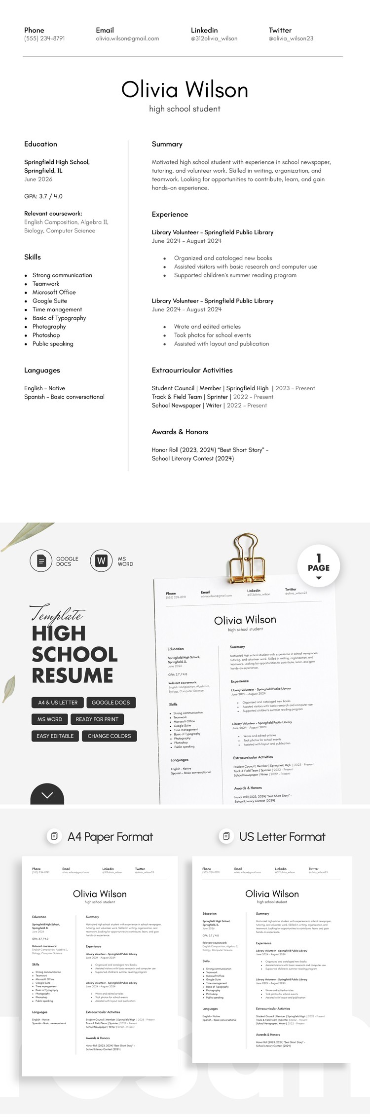 Free Black and White High School Resume Template for Printing Template ...