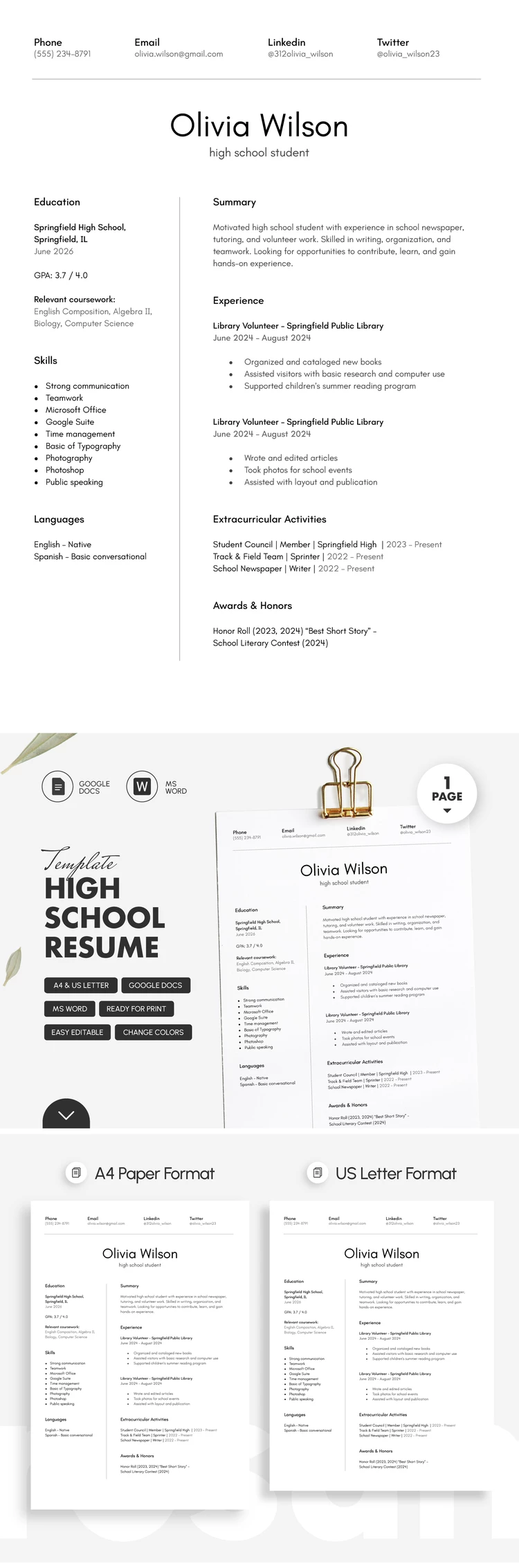 Schwarz-Weiß-Schul-Lebenslaufvorlage zum Drucken - free Google Docs Template - 10071610