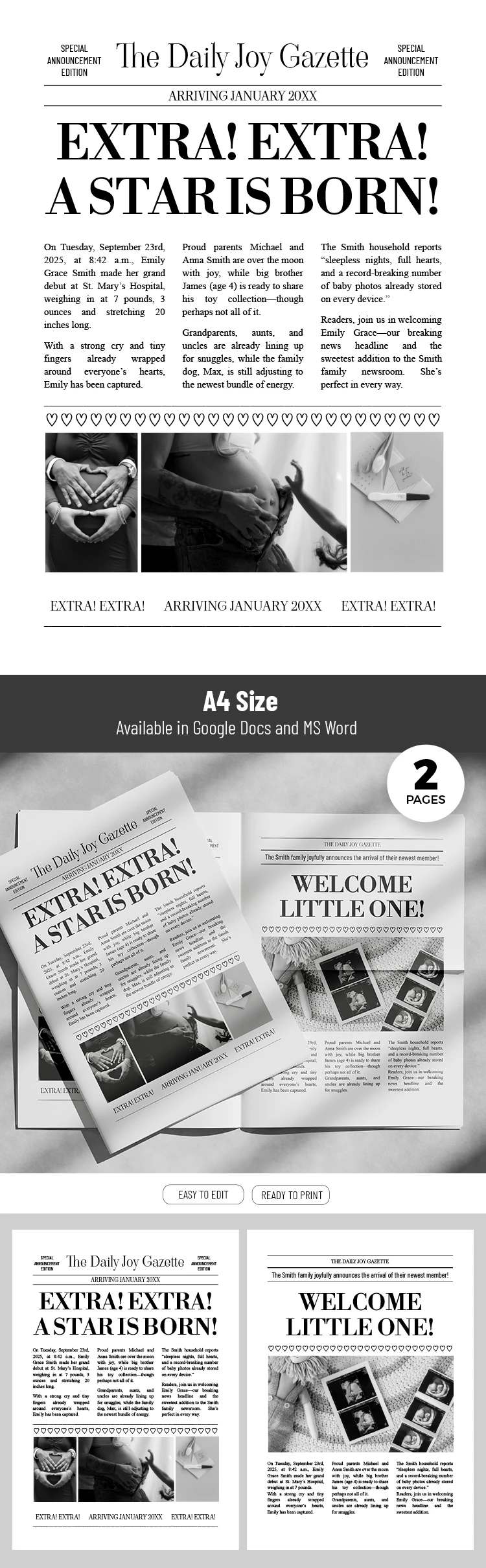 Black and White Newspaper Baby Announcement Printable - free Google Docs Template - 10071744