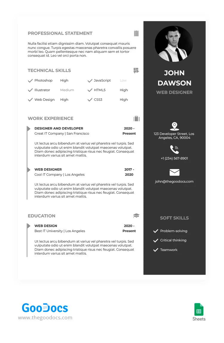 Currículo Preto e Branco - free Google Docs Template - 10064336