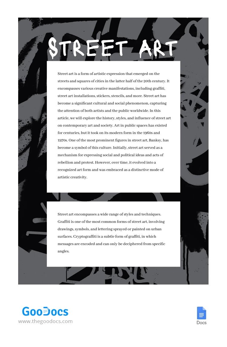 Black and White Street Art Article:

Articolo di street art in bianco e nero - free Google Docs Template - 10066611