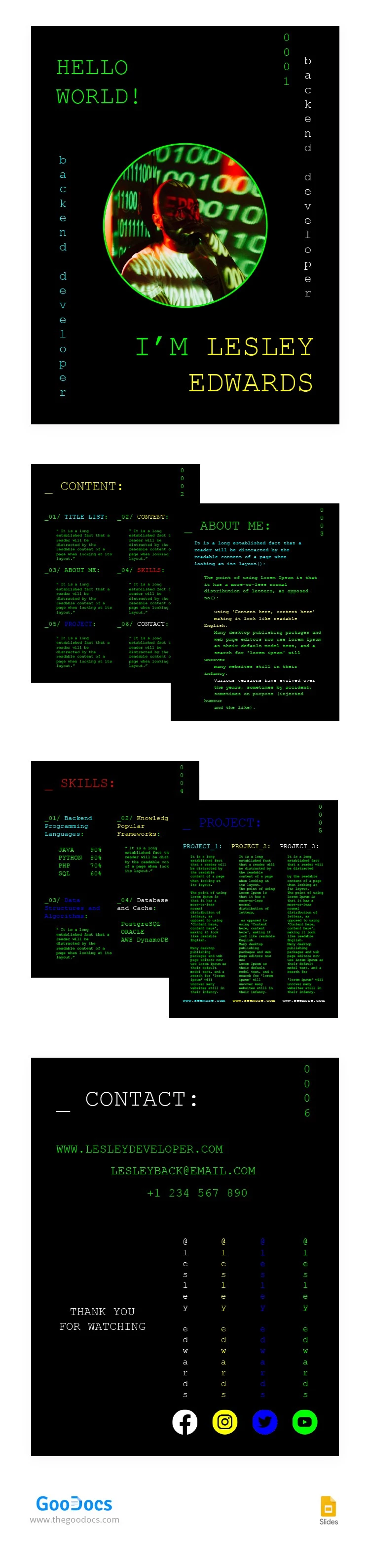 Portafolio de desarrollador Backend en negro - free Google Docs Template - 10064074